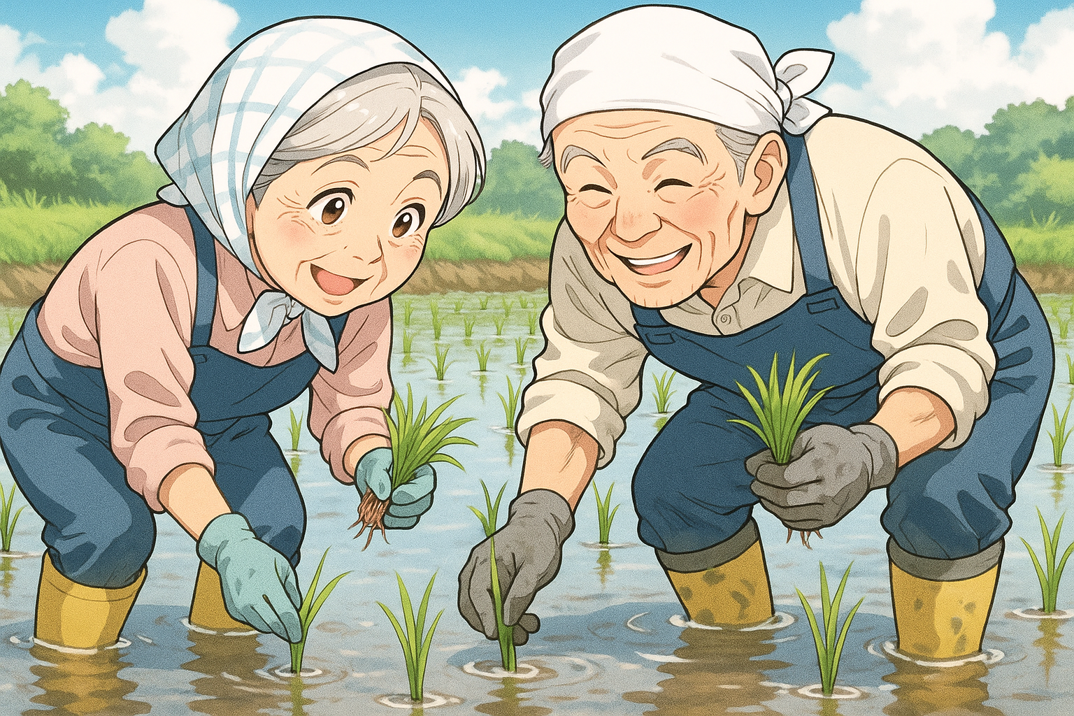 米農家の老夫婦。田植えをしている姿。