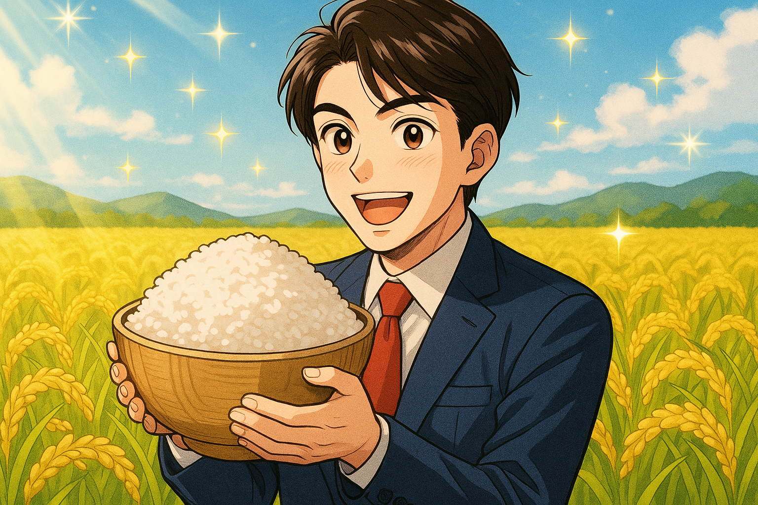 ご飯を持っている男性