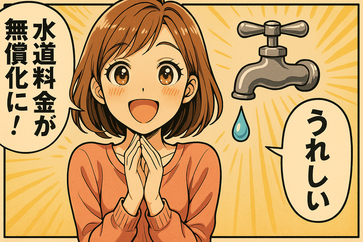 水道料金の無償化を喜ぶ主婦！イラスト画像