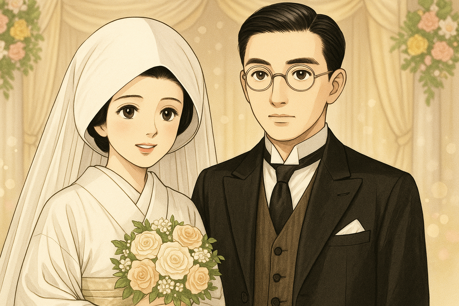 昭和初期の夫婦の結婚式　イラスト画像