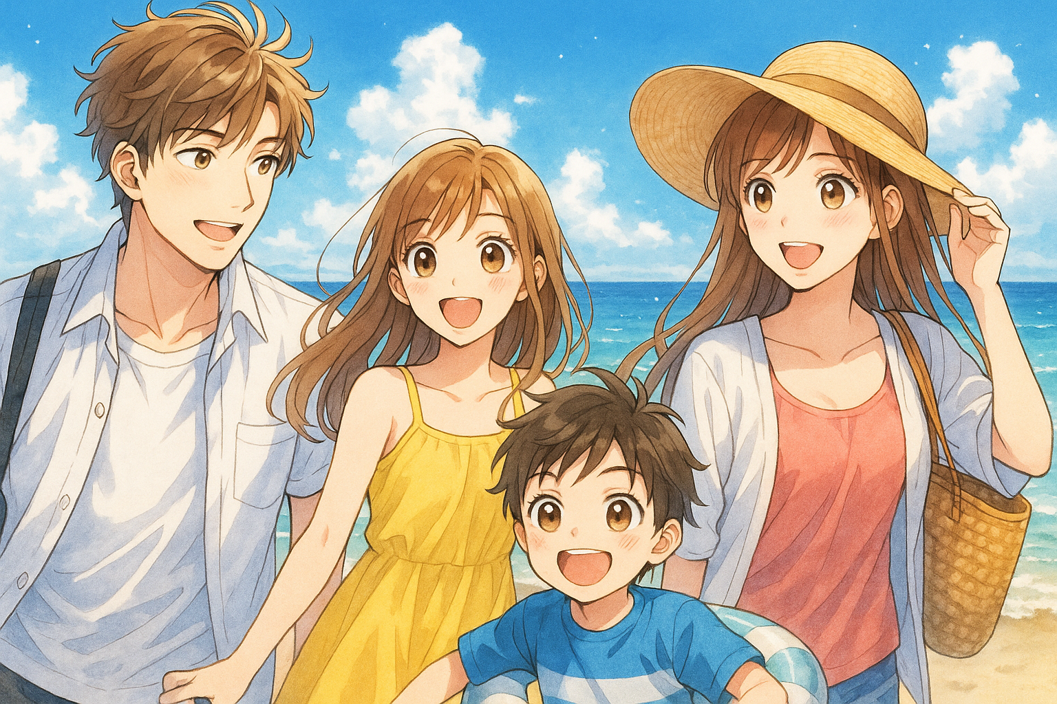 家族４人で海に行く。イラスト画像