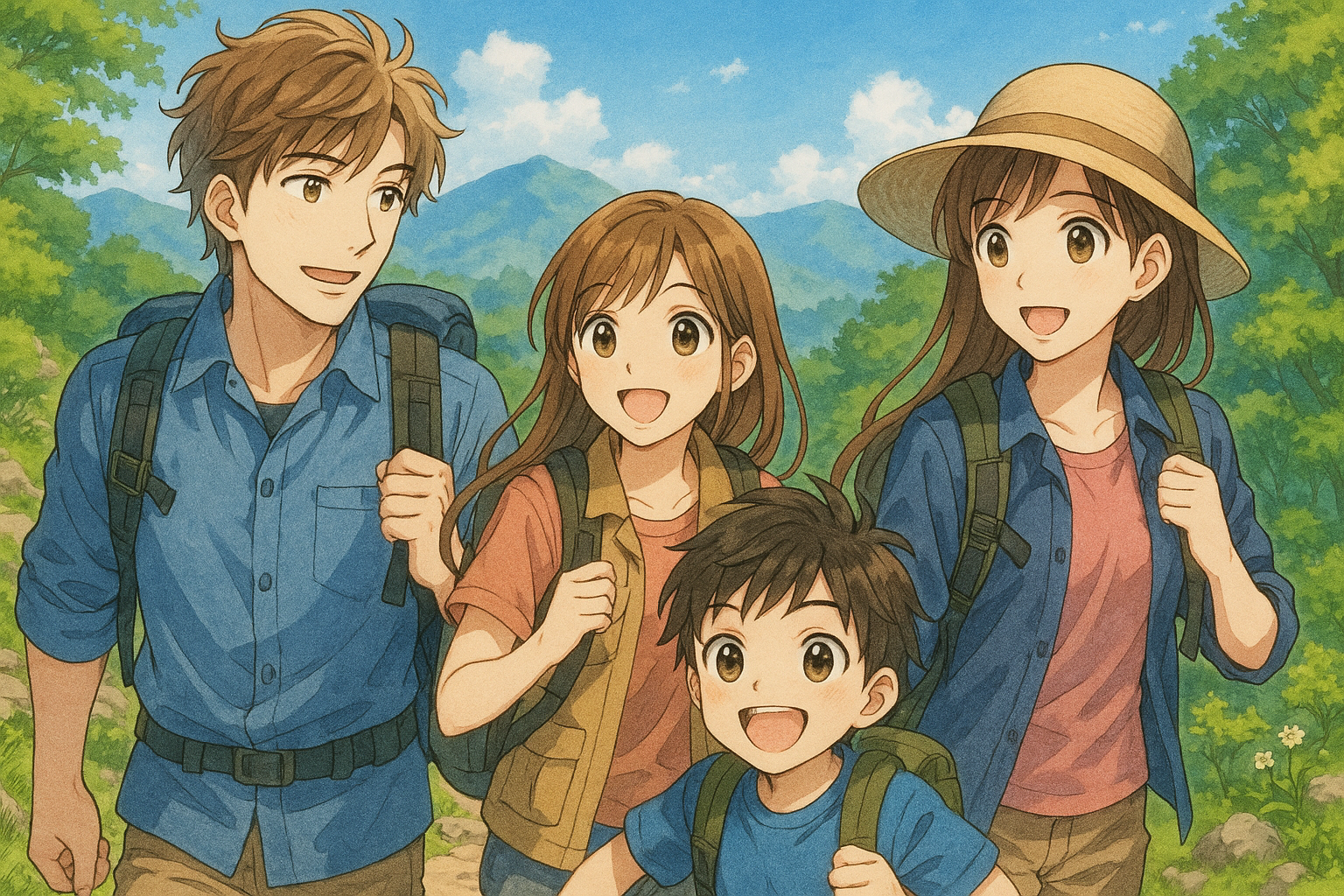 家族4人で山に行く。イラスト画像