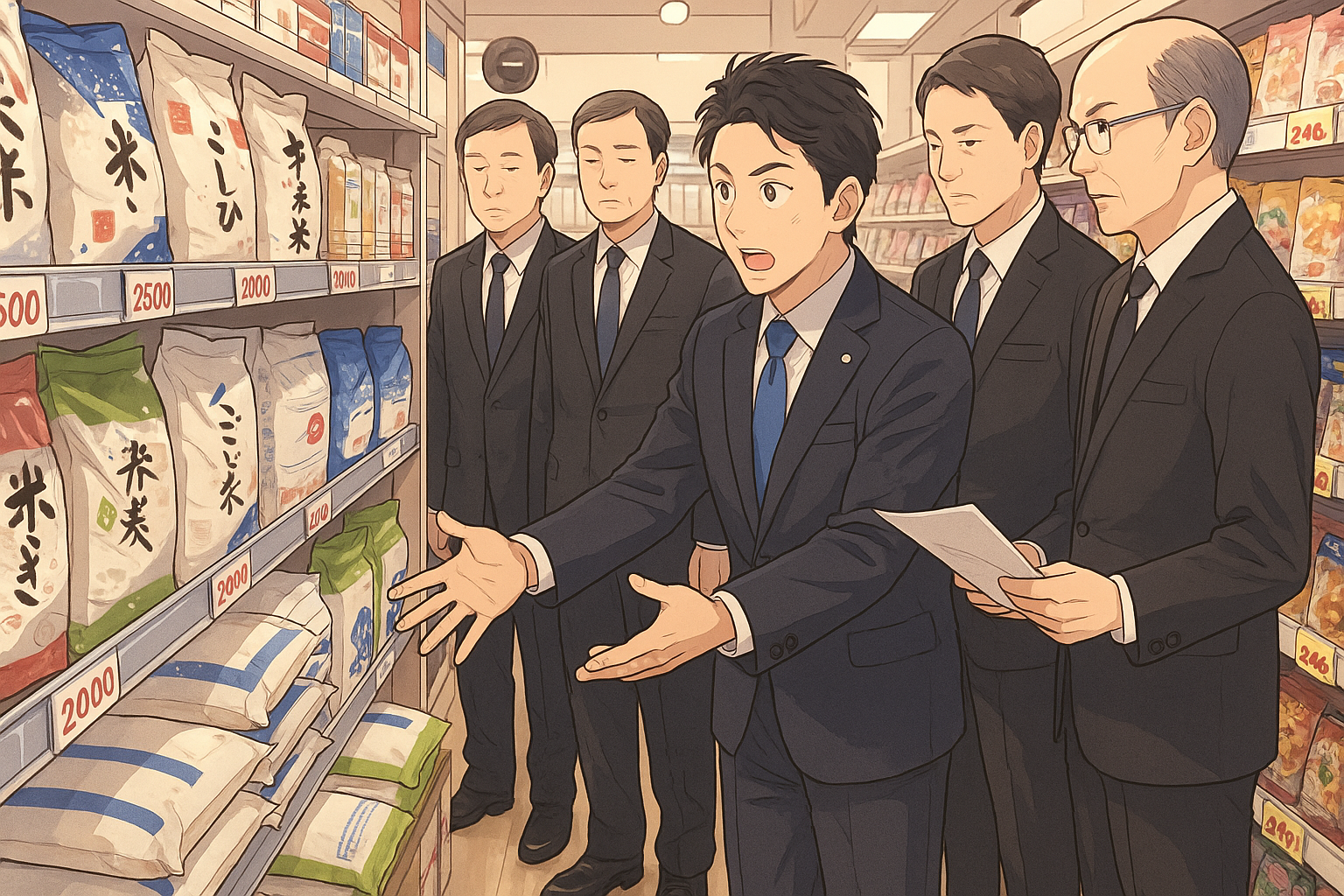 スーパーで米の価格を確認する