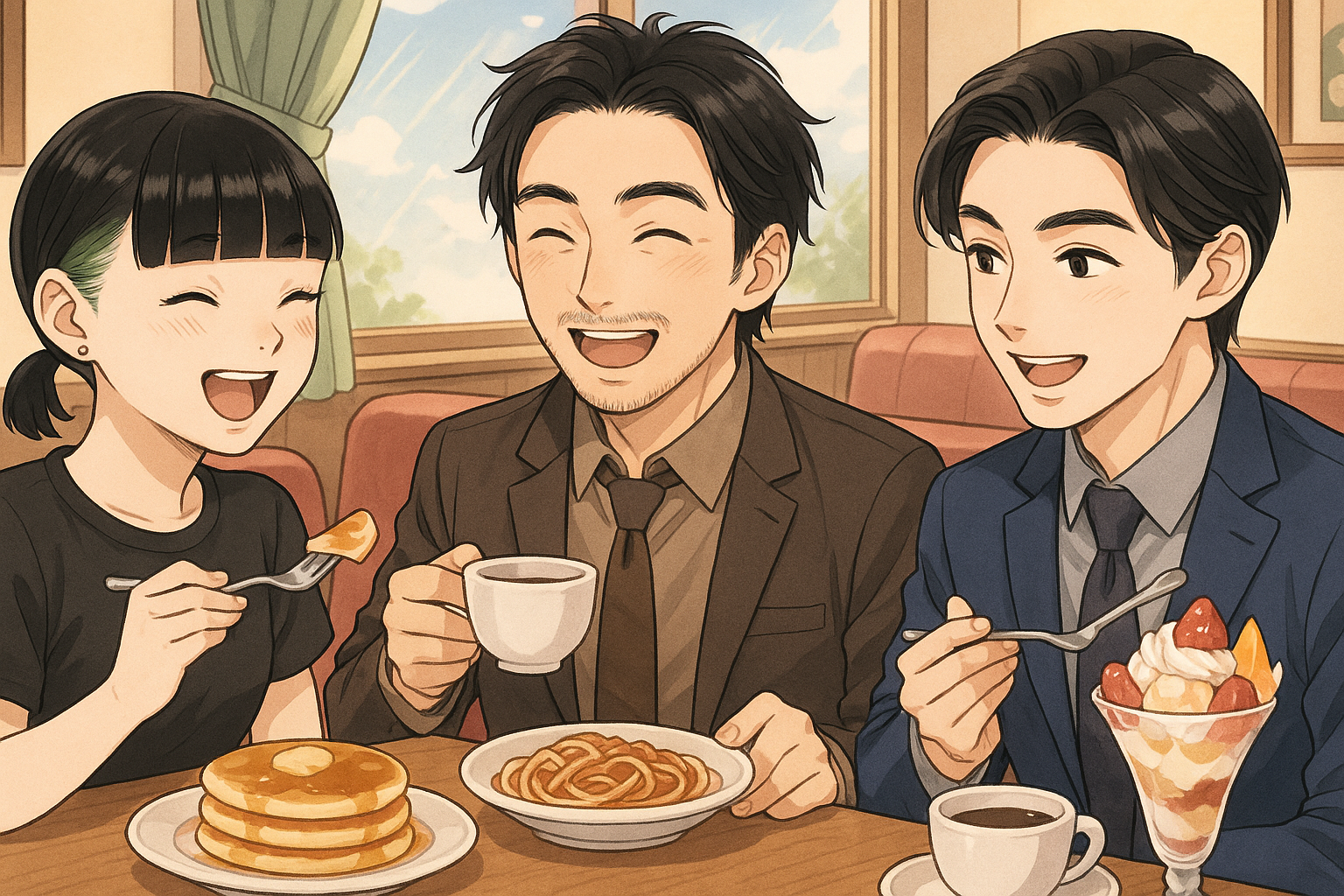 兄弟３人で食事をしている