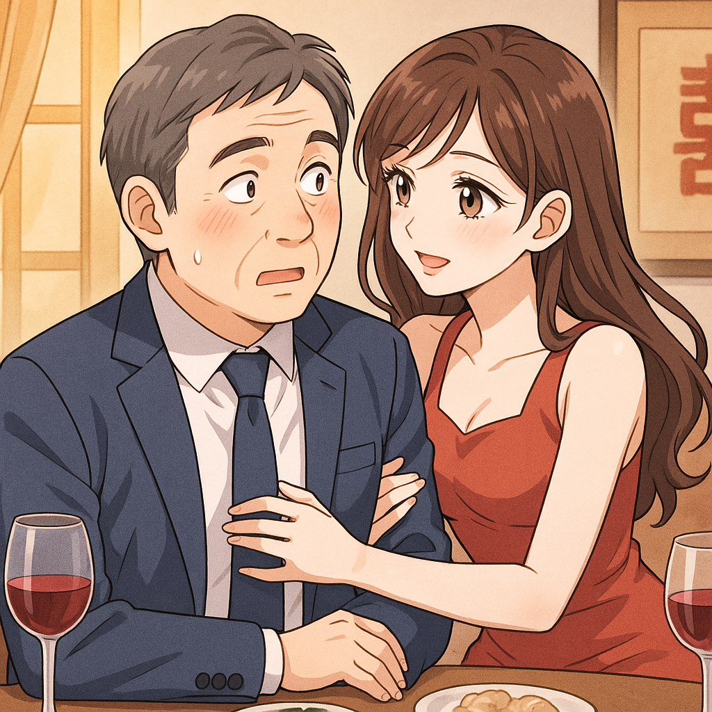 中国でハニートラップかかる５０代男性　イラスト画像