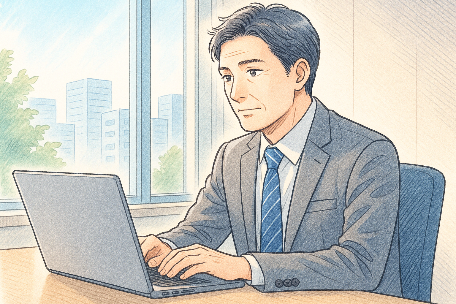 職場でパソコンで仕事をしている40代男性