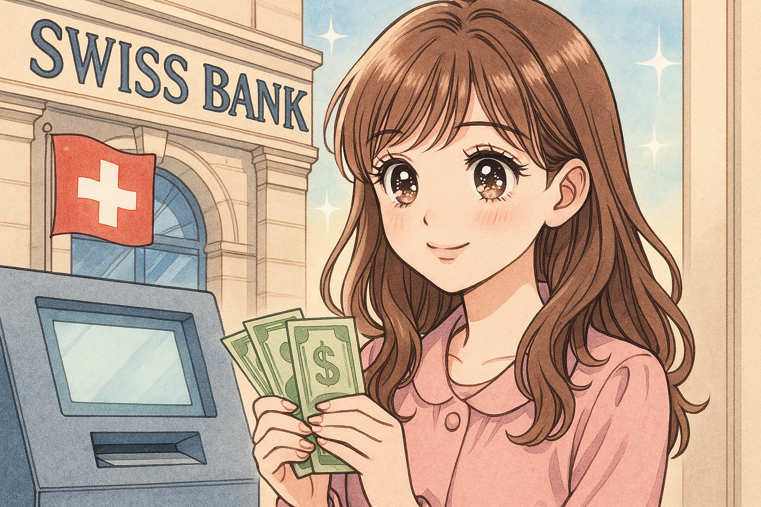 スイス銀行に貯金をしている。イラスト画像