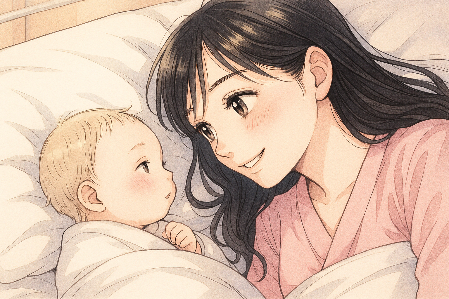 産婦人科で子供を出産後、ベットで母と赤ちゃんが同じベットで顔を見合せている。イラスト画像