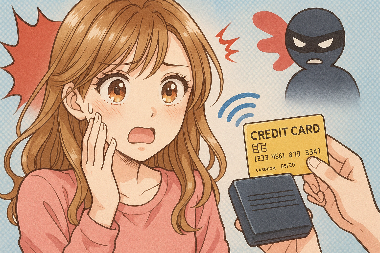 クレジットカードの被害にあう女性。スキミングでデーターを取られた。イラスト画像