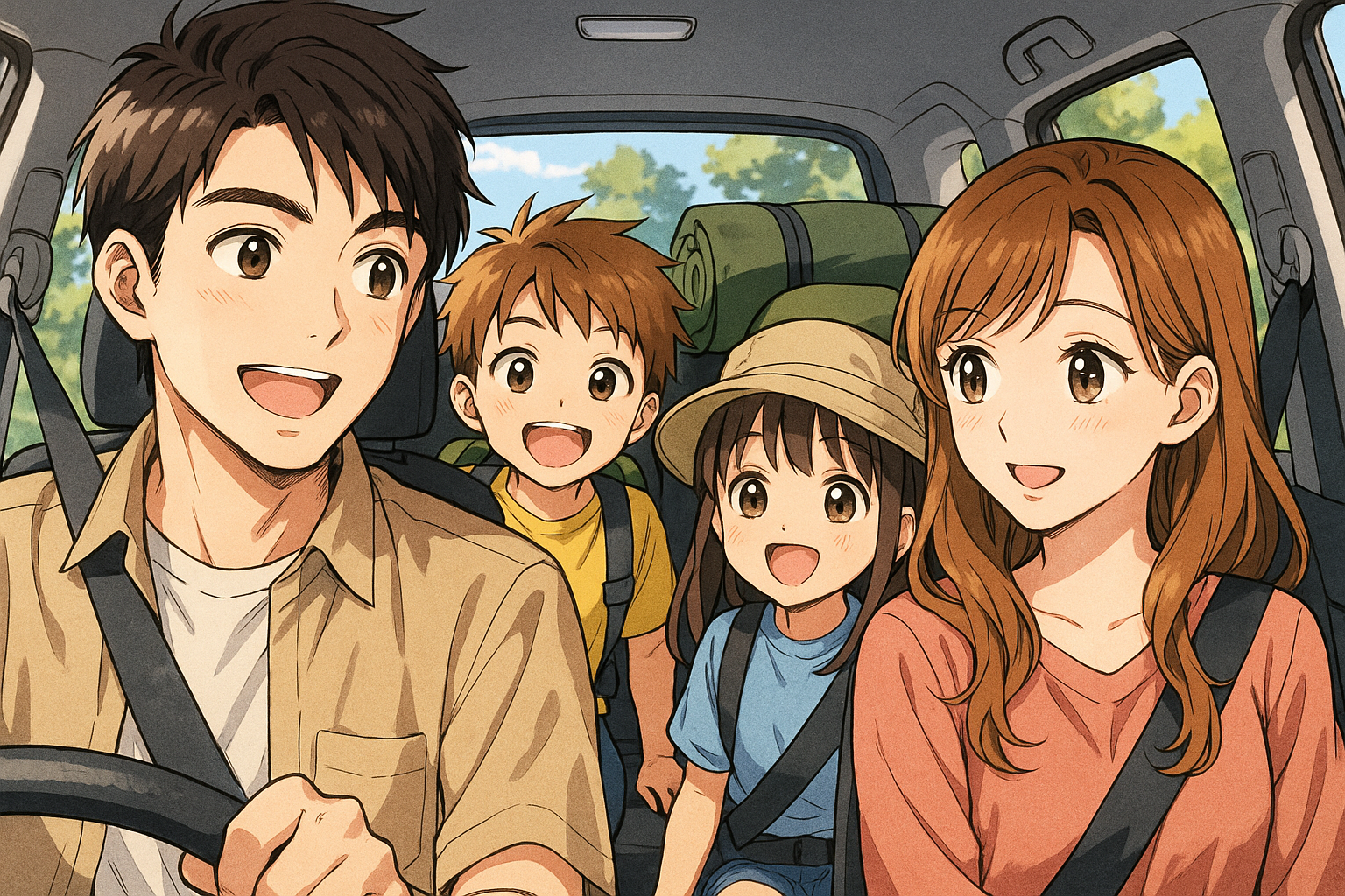 家族４人で、キャンプに行くために自家用車でおでかけ