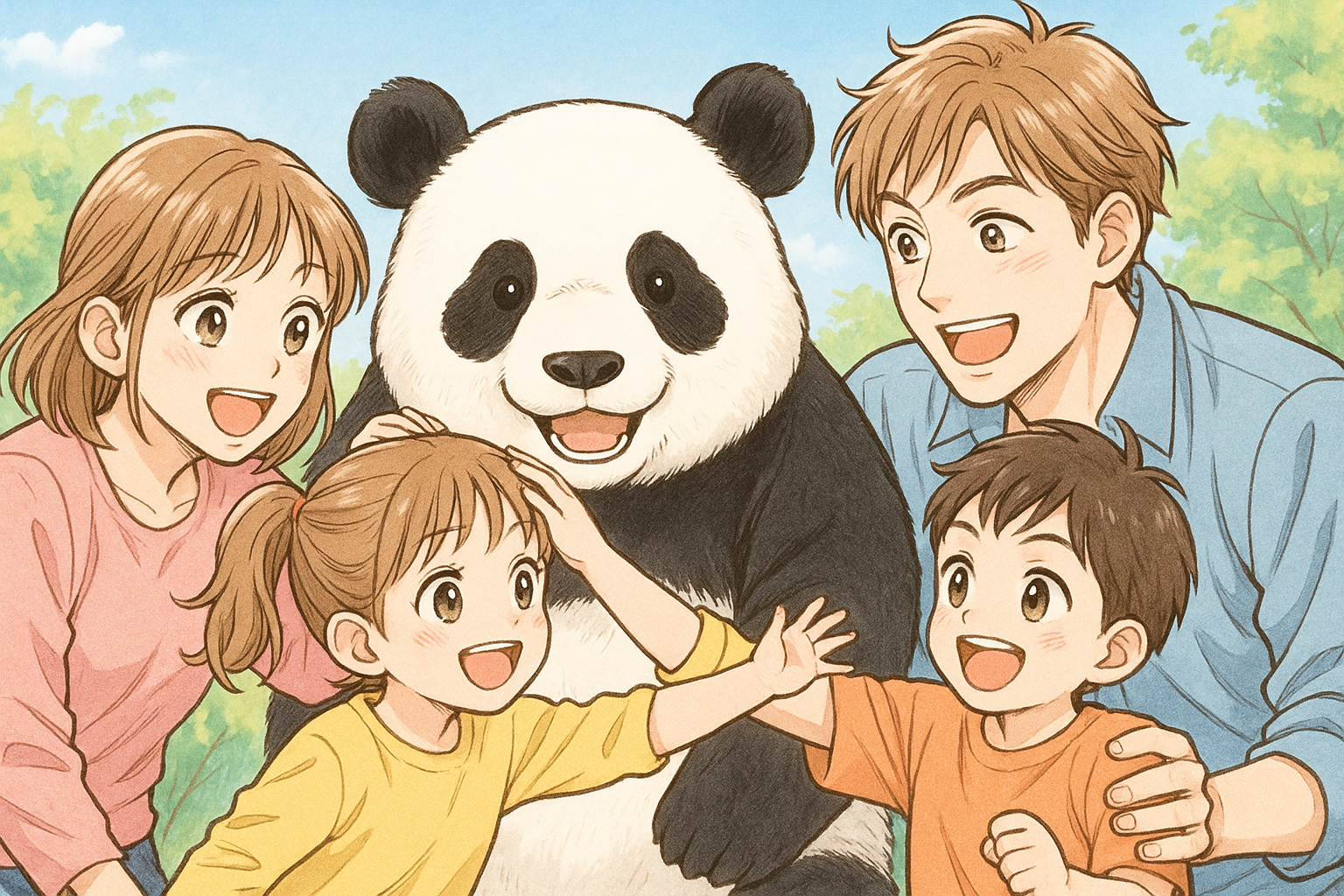 家族とパンダが遊んでいる