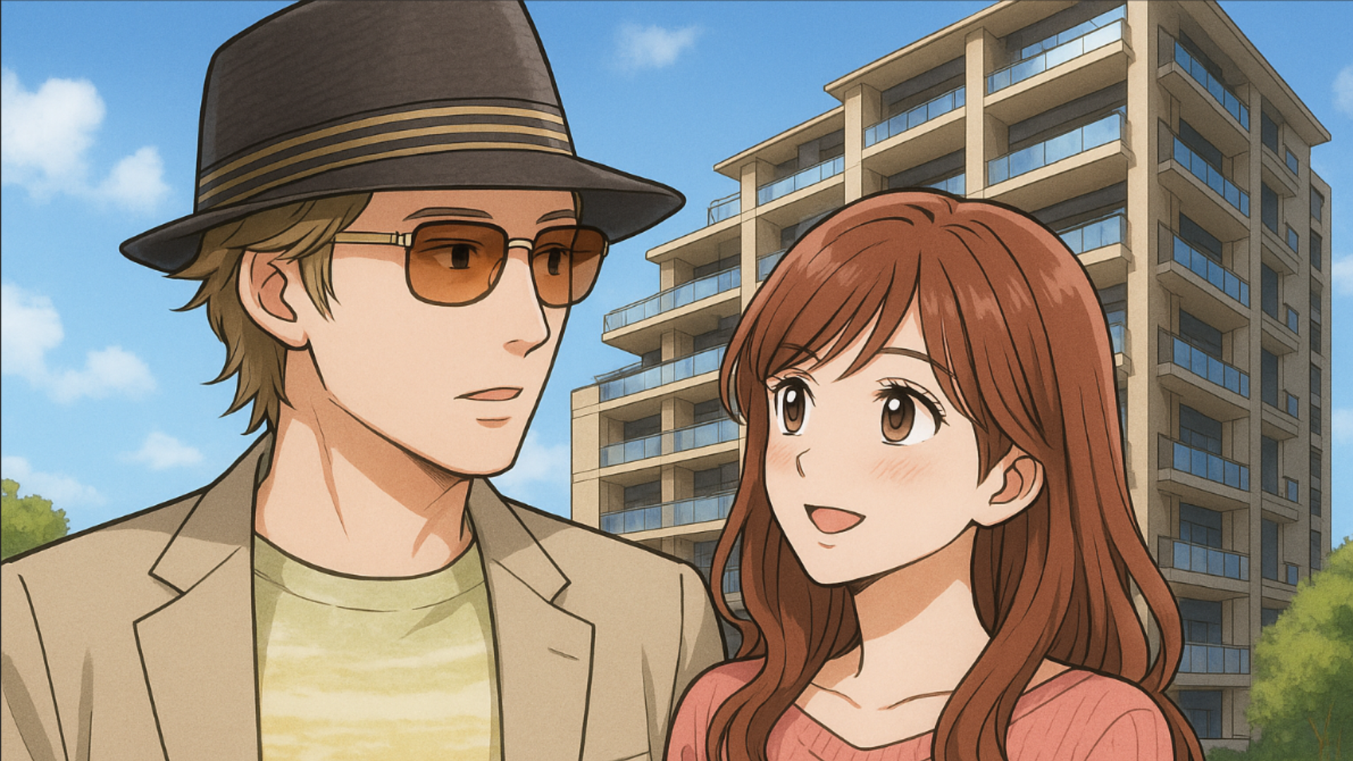 マンションの前に男女