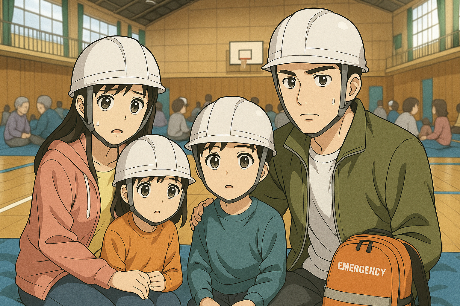 災害で家族4人で学校の体育館に避難する　イラスト画像