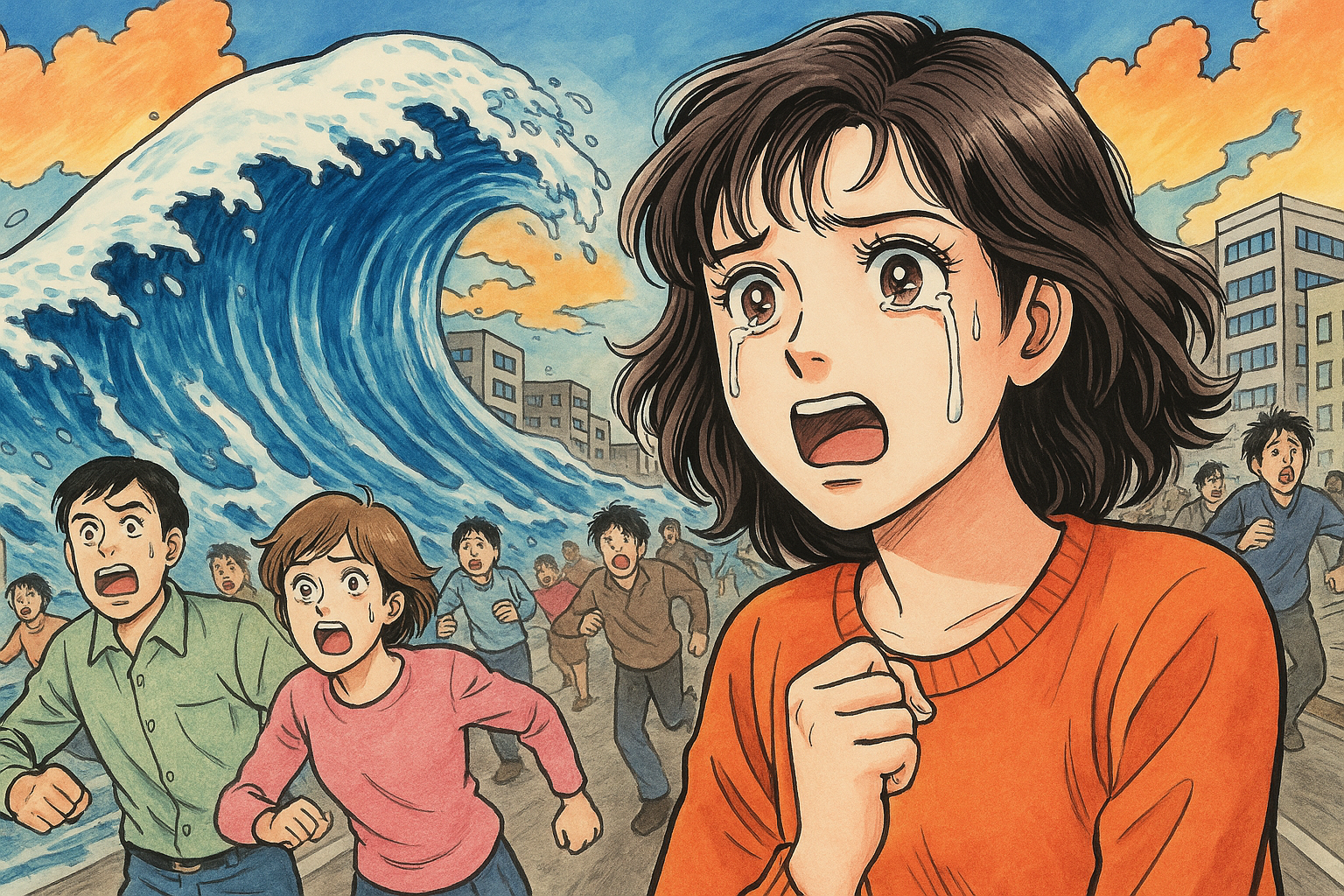 大地震で津波が来る　逃げ回る国民　イラスト画像