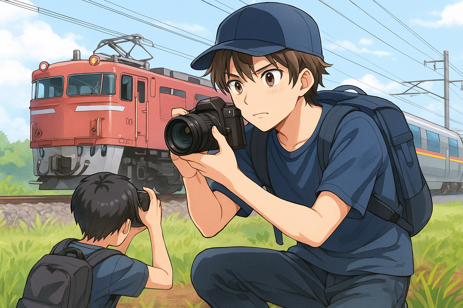 線路内に入って電車の写真を撮る、撮り鉄　イラスト画像