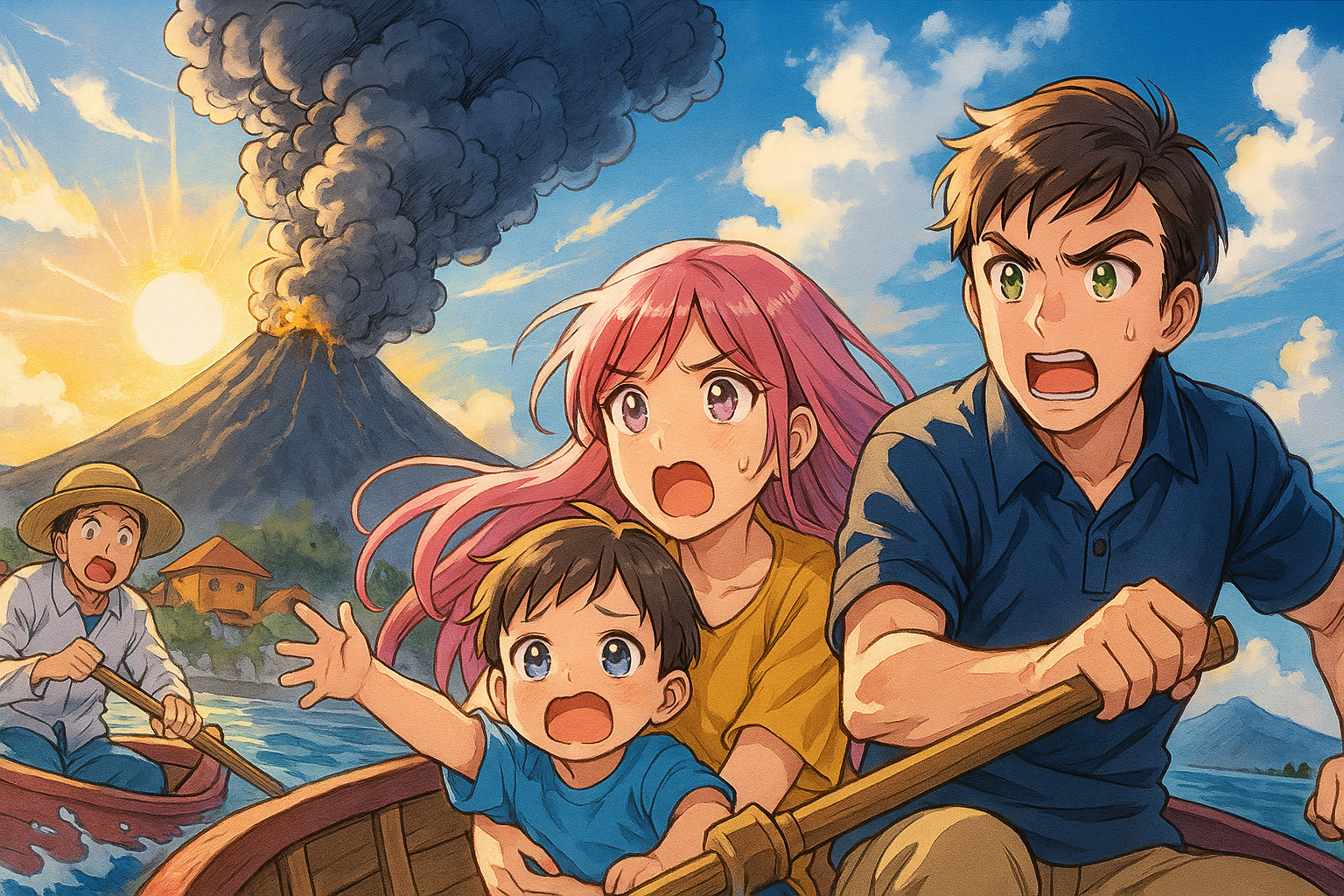 火山噴火で逃げる住民　