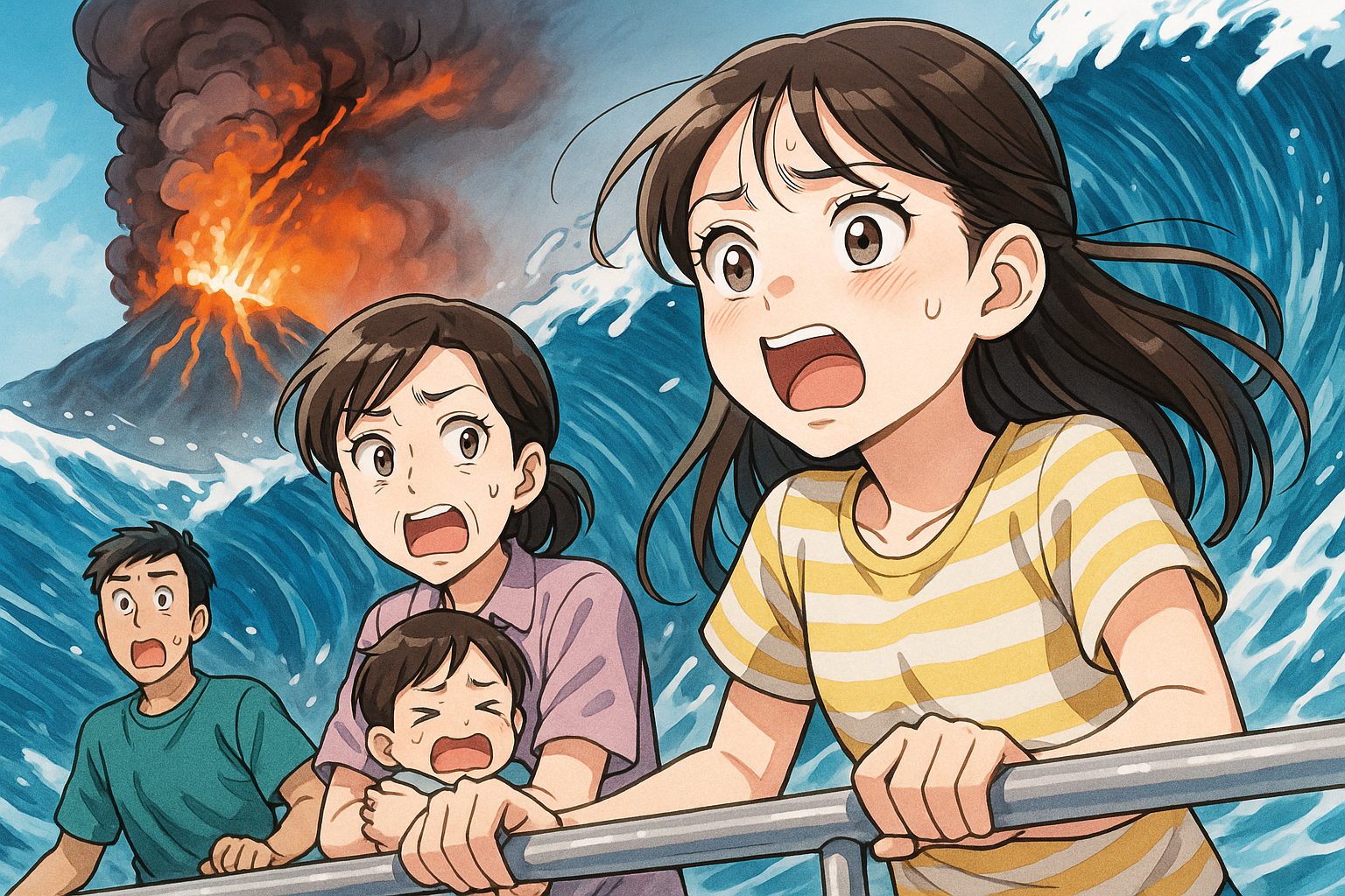 火山噴火の影響で津波が発生！船が揺れるて家族が怖がる　イラスト画像