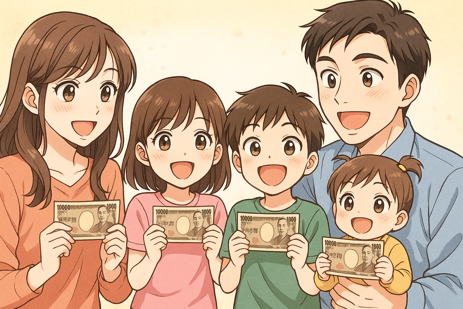 子供一人当たり10万円もらった5人家族　イラスト画像