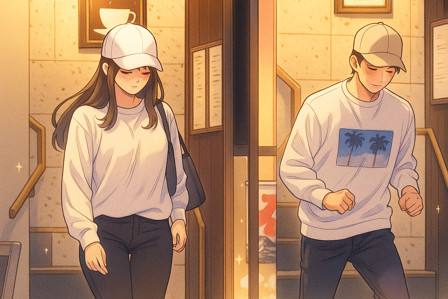 男女2名階段から降りている