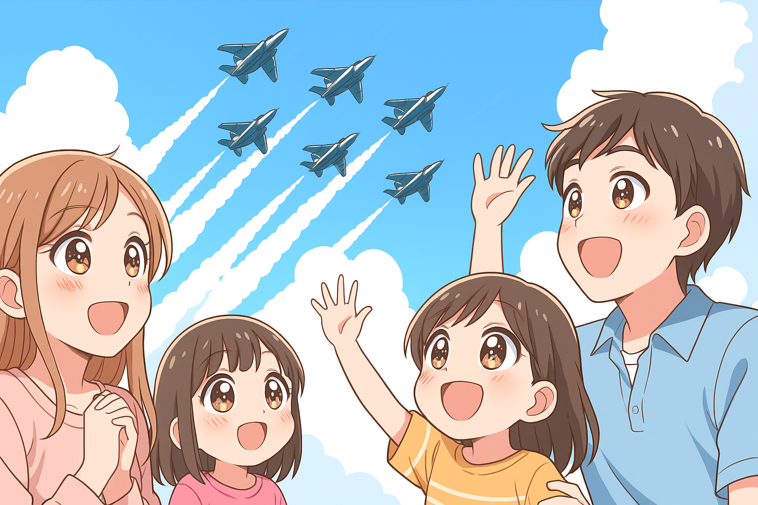 ブルーインパルスを楽しみにしている家族　イラスト画像