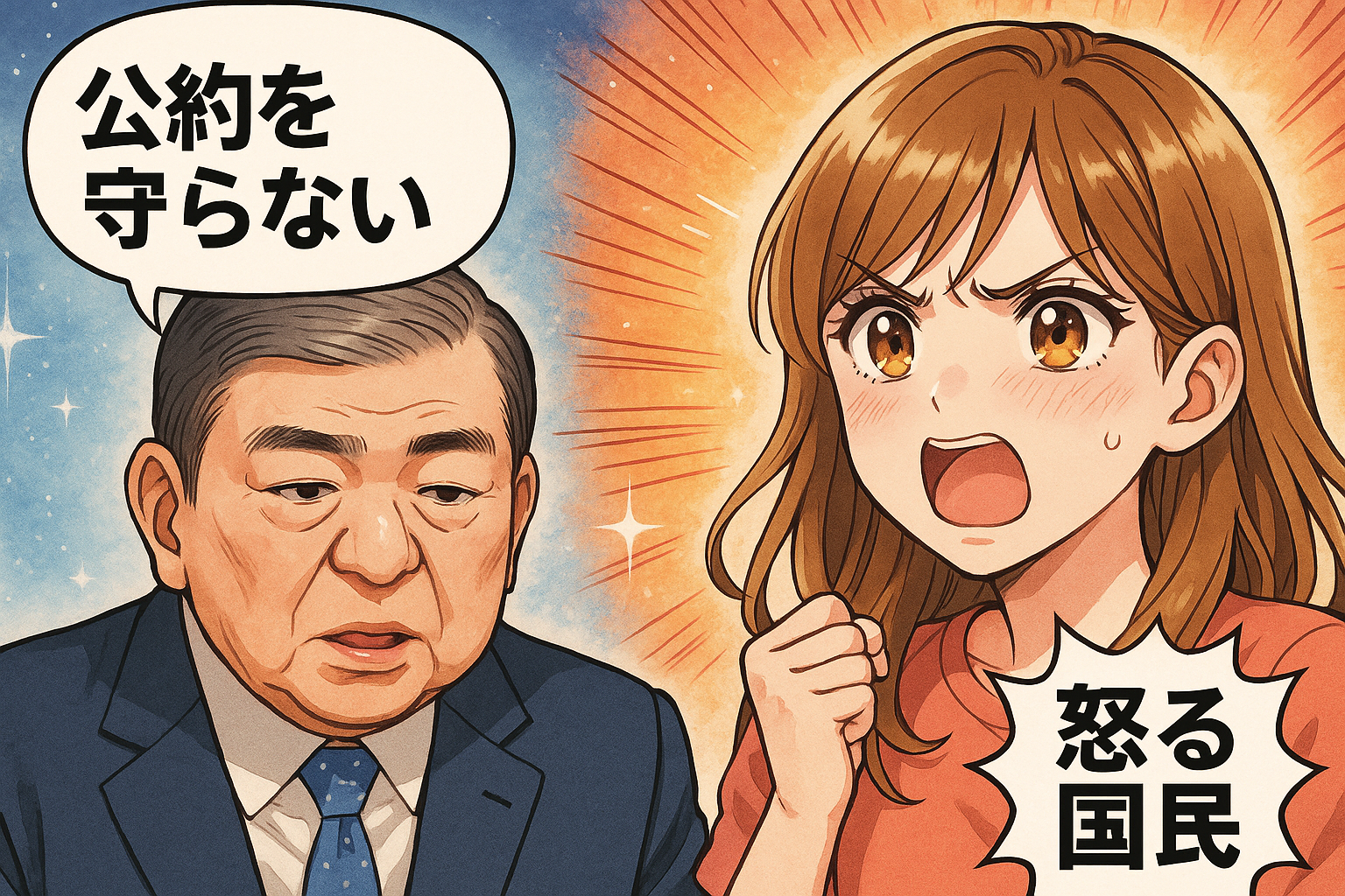公約を守らない総理に怒る国民 イラスト画像