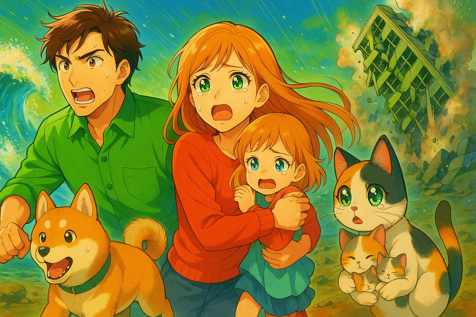 災害で避難する家族。津波から逃げる。ビルが倒壊する。