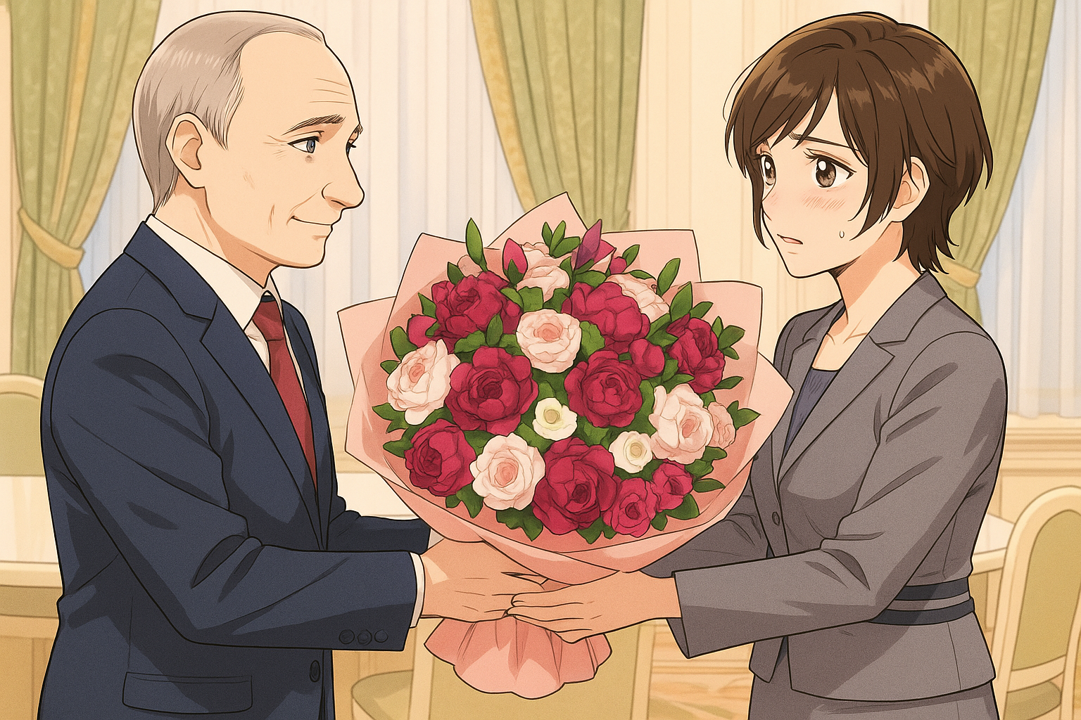 花束を渡す女性