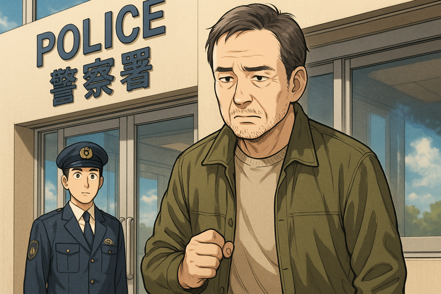 中年の男が警察に出頭する。イラスト画像