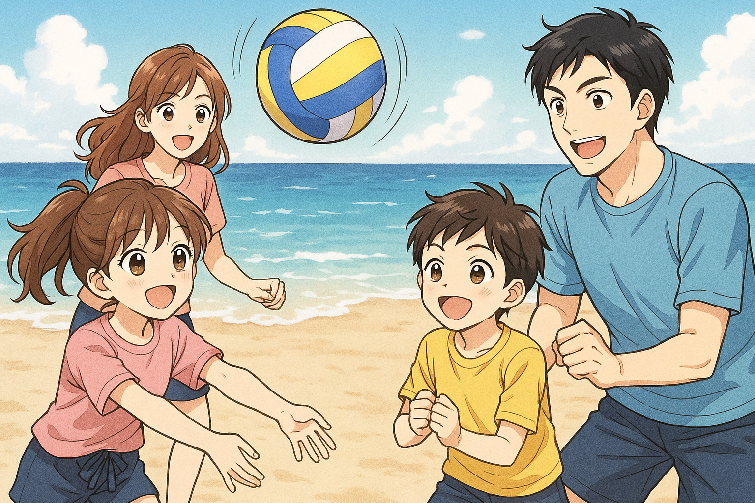 家族4人が海で海岸でビーチバレーをしている。イラスト画像
