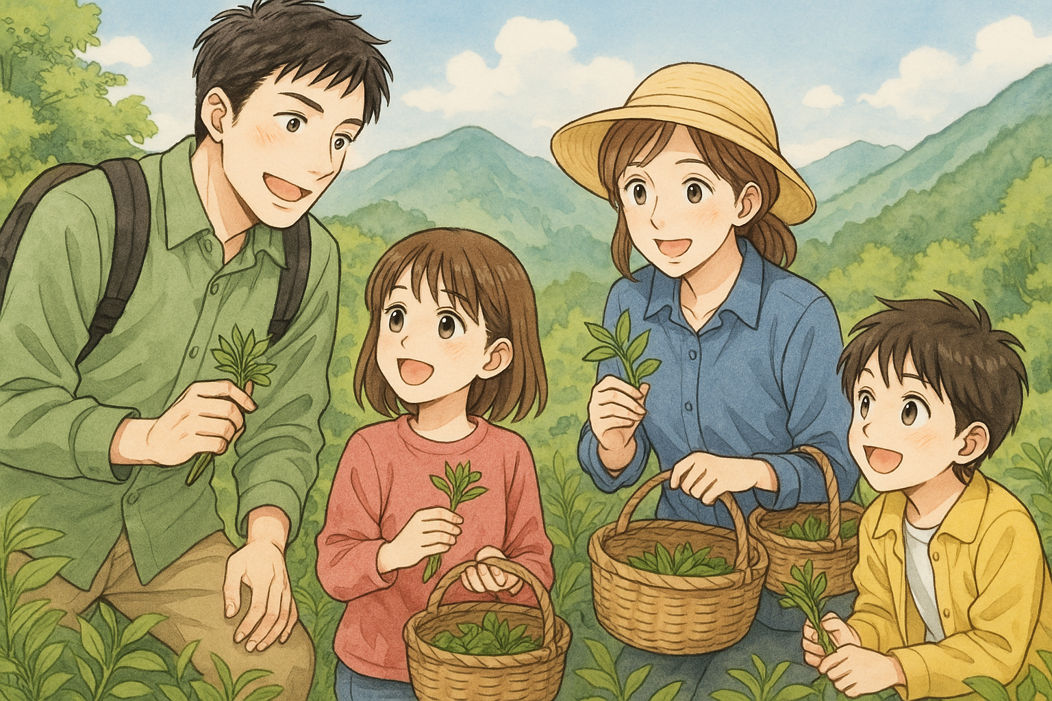 家族4人が山で山菜を収穫をしている。イラスト画像