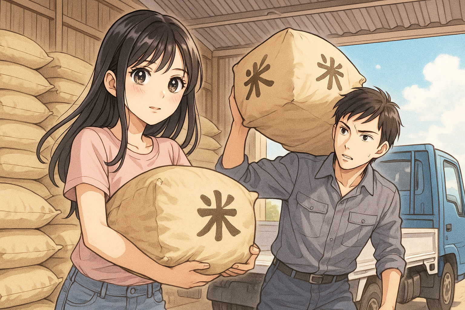 米の倉庫で搬出、トラックに積む　イラスト画像