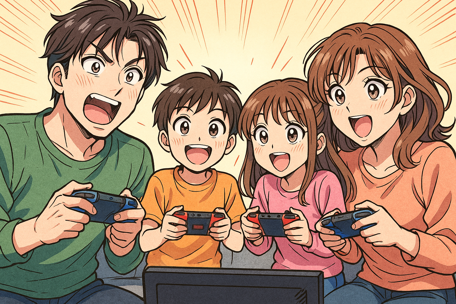 switchで遊ぶ4人家族　テレビゲームで興奮している　イラスト画像