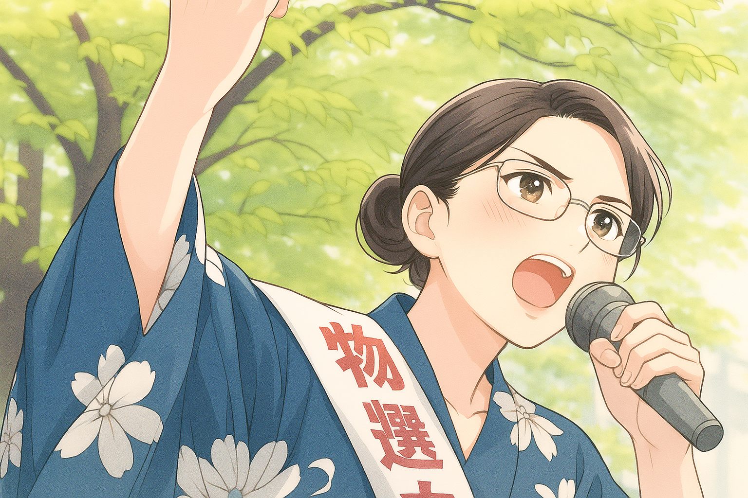 女性が着物を着てマイクを持っている