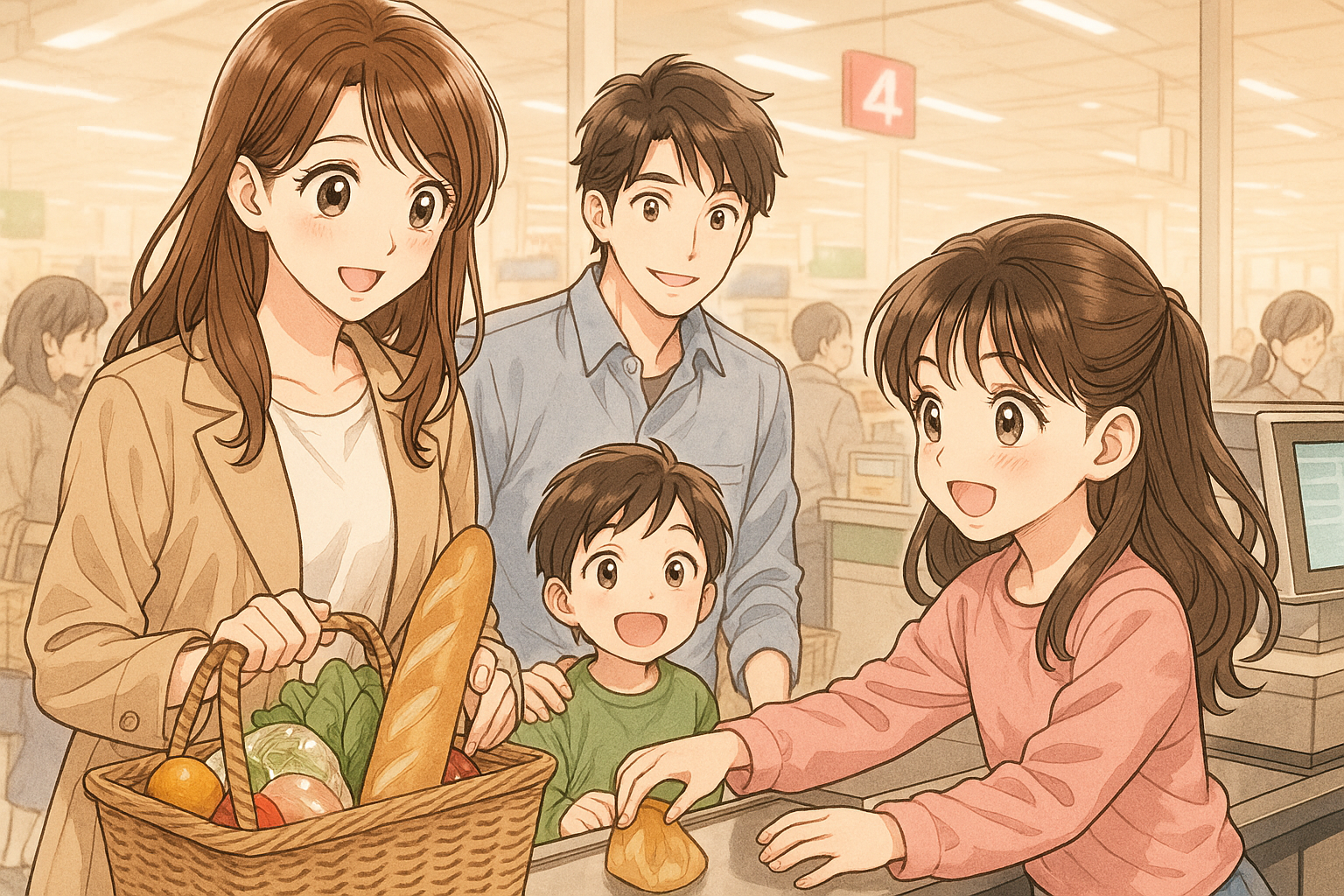 スーパーマーケットで買い物をする家族。レジに並んでいる