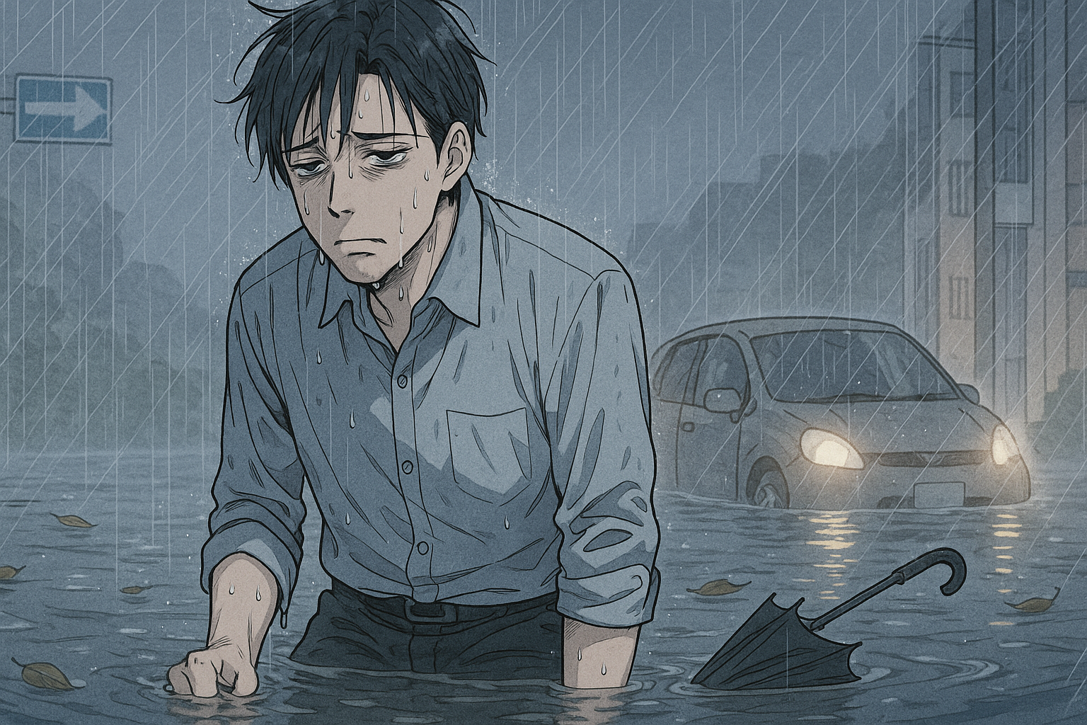 水没した車と男性