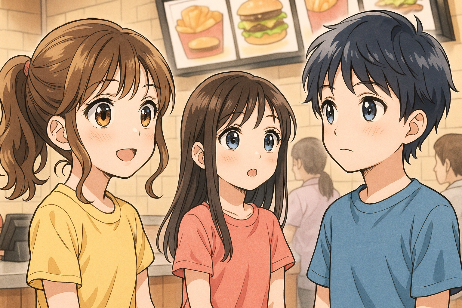 ハンバーガーショップにいる子供たち