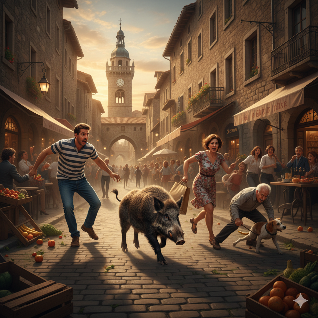 街中でいのししが暴れている