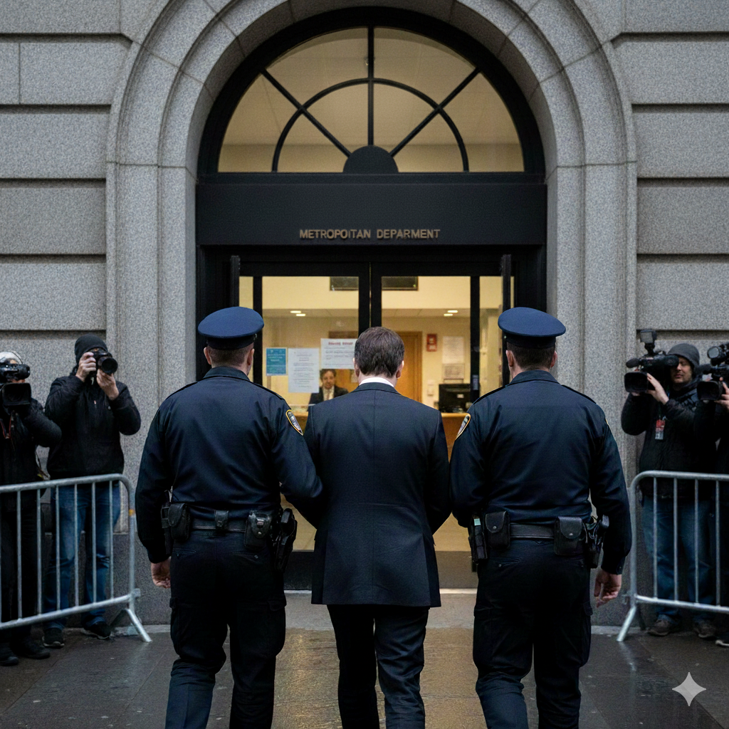 警察署に入る容疑者