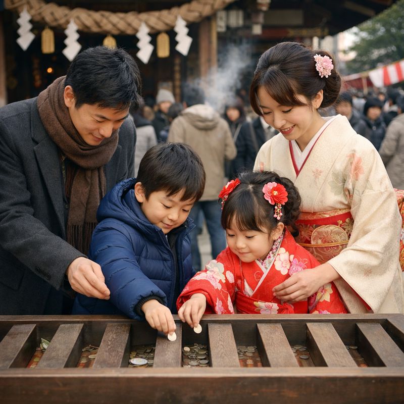 初詣でお賽銭をしている家族